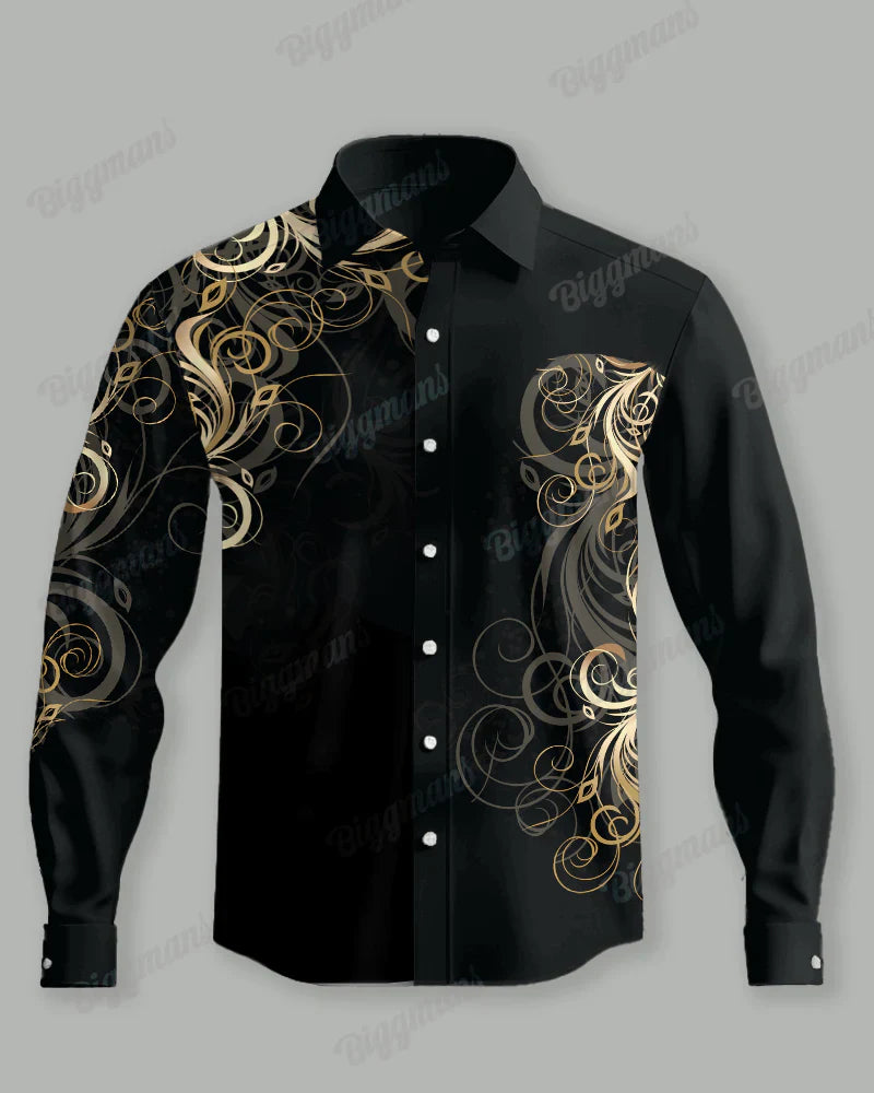 Men's Large Size Retro Pattern Lapel Casual Long Sleeve Shirt