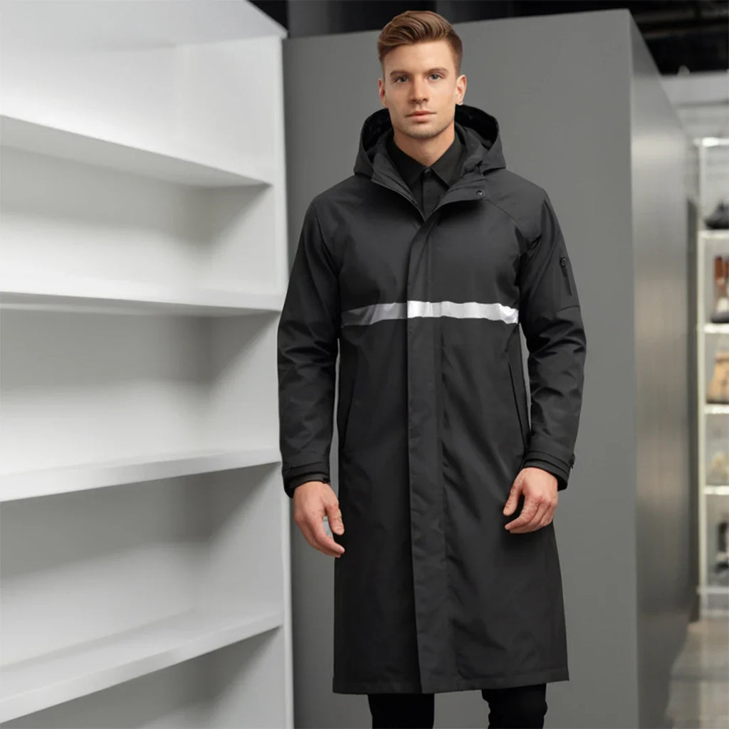 Stylish Black Trench Coat With Reflective Stripe Design Waterproof Night Visibility All-Season Wear Rain Jacket Rainwear