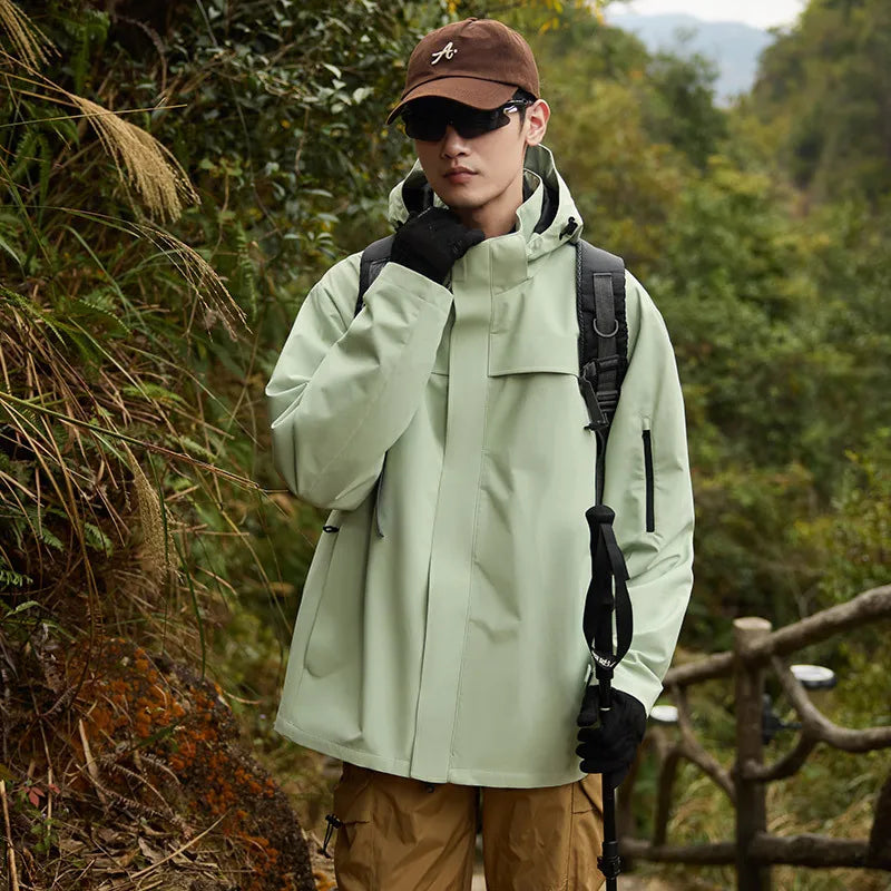 New Men's Women's Top Stand Outdoor Hard Shell Anti-Rainstorm Anti-Splashing Mountaineering Suit for Autumn Solid Zipper