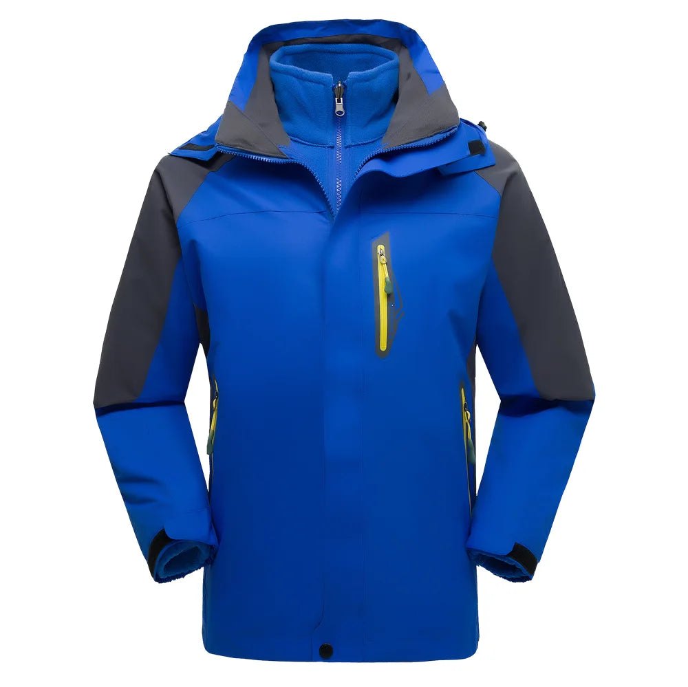 Men's Soft Shell Waterproof Tactical Jacket for Outdoor Blue Hooded Windbreaker Stand Collar Zipper for Winter Hiking Camping