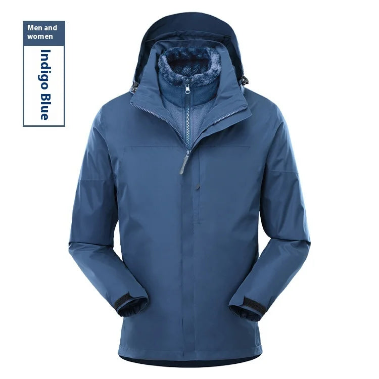 Men's Women's Waterproof Two-Piece Outdoor Riding Travel Mountaineering Three-in-One Jacket for Winter Hiking Zipper Closure