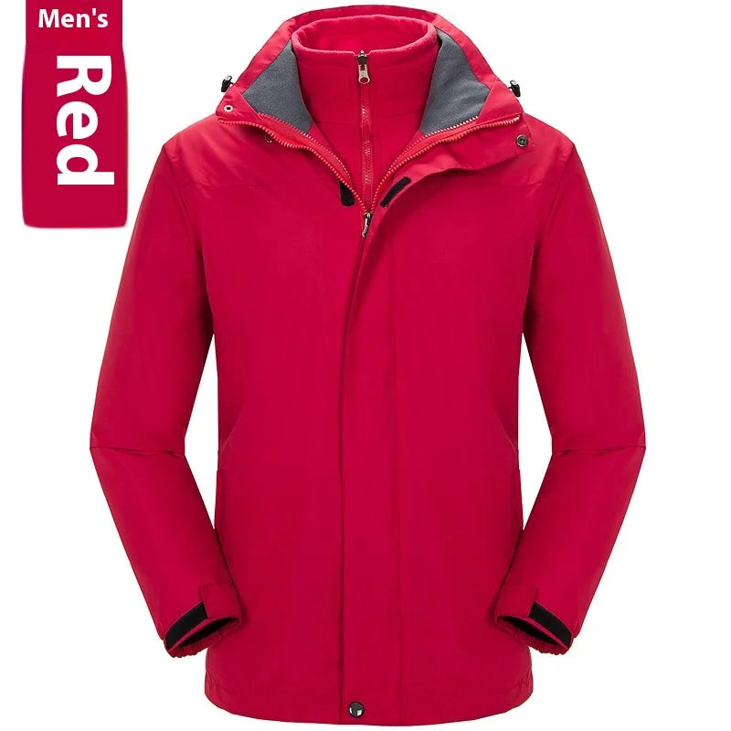 Men's Women's Solid Color Outdoor Jacket Detachable Two-Piece Three-in-One Ski Suit Stand Windproof Fleece-Lined Thickened