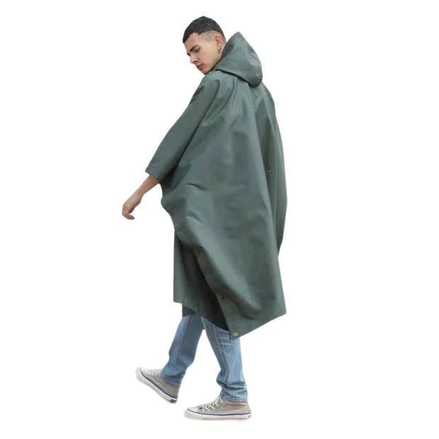 Green Waterproof Raincoat Poncho Adults Customized Letters Printing PVC Material One Size Hooded Style Outdoor Hiking Rainy Days