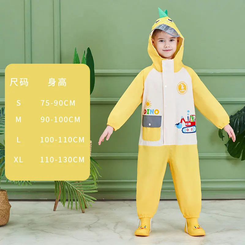 Children's Full Body Waterproof Protective Raincoat and Pants with Cartoon Yellow Duck Belt Backpack for Boys and Girls
