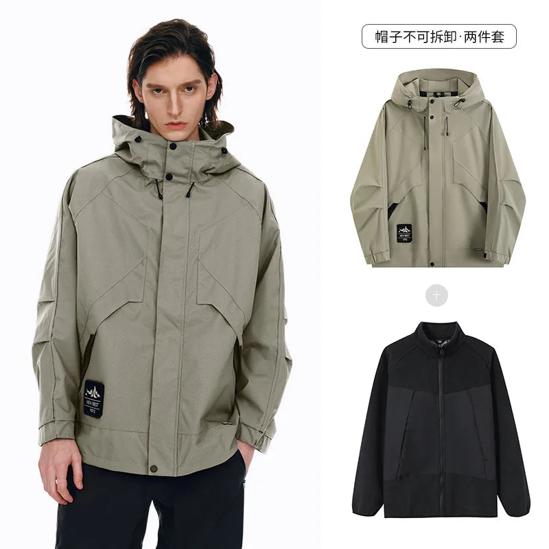 Men's and Women's Casual Autumn and Winter Hooded Two-Piece Windproof Waterproof Trench Coat for Hiking Camping Mountain Sports