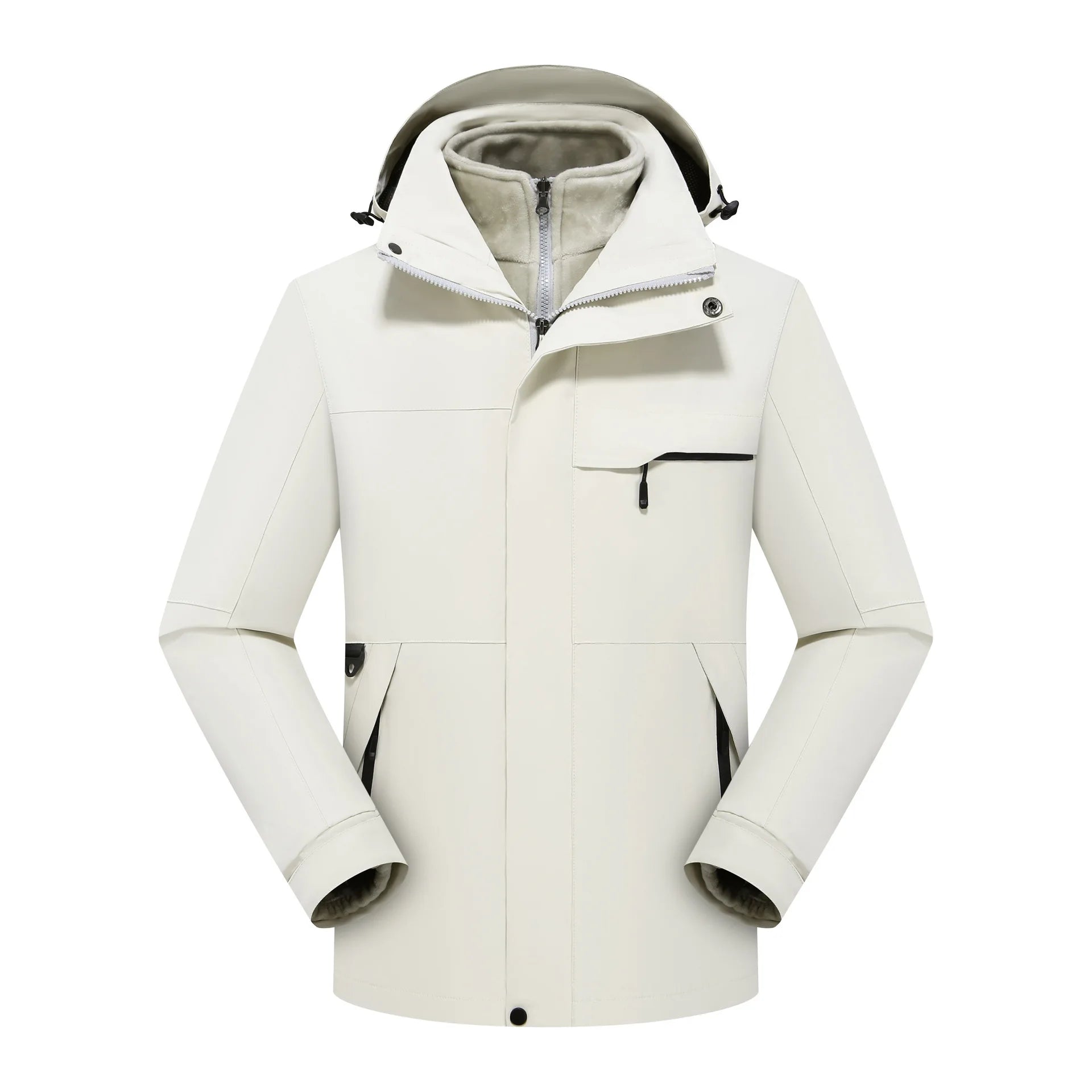 Unisex Winter Fleece Three-in-One Hooded Jacket Removable Zipper Closure Soft Nylon Shell Waterproof for Technology