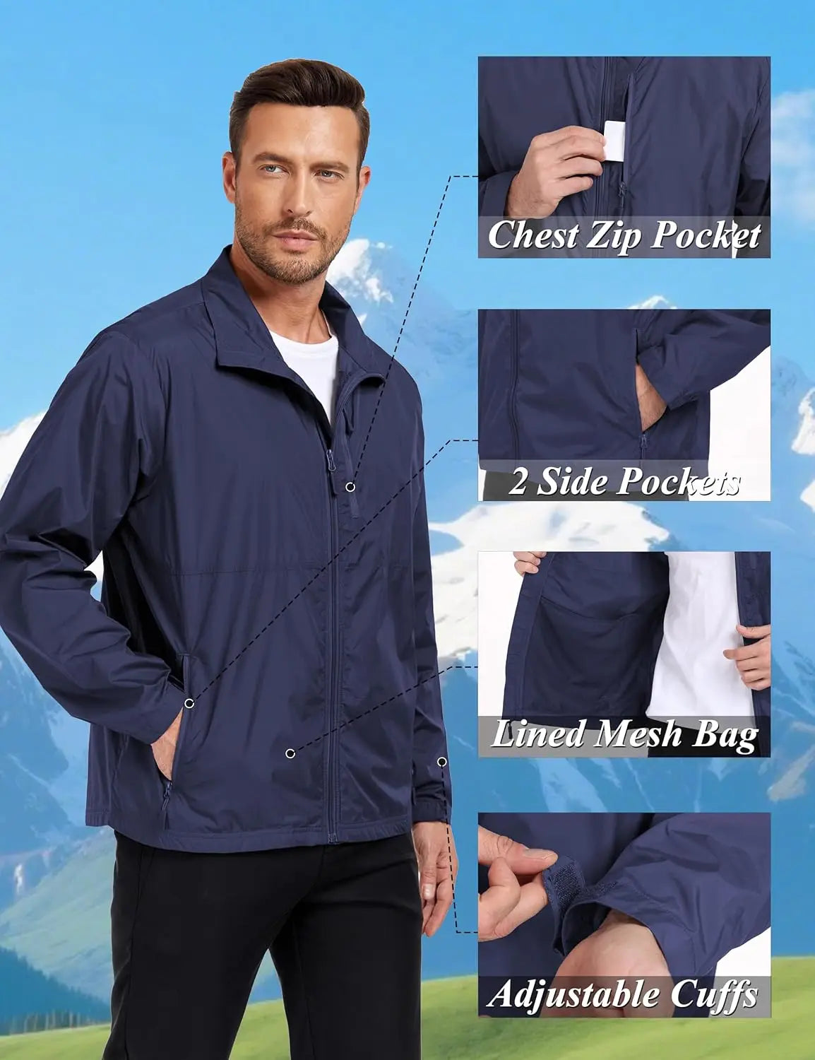 Mens Casual Winter Windbreaker Jackets Lightweight Travel Packable Breathable Stand Collar Zipper Closure Jacket