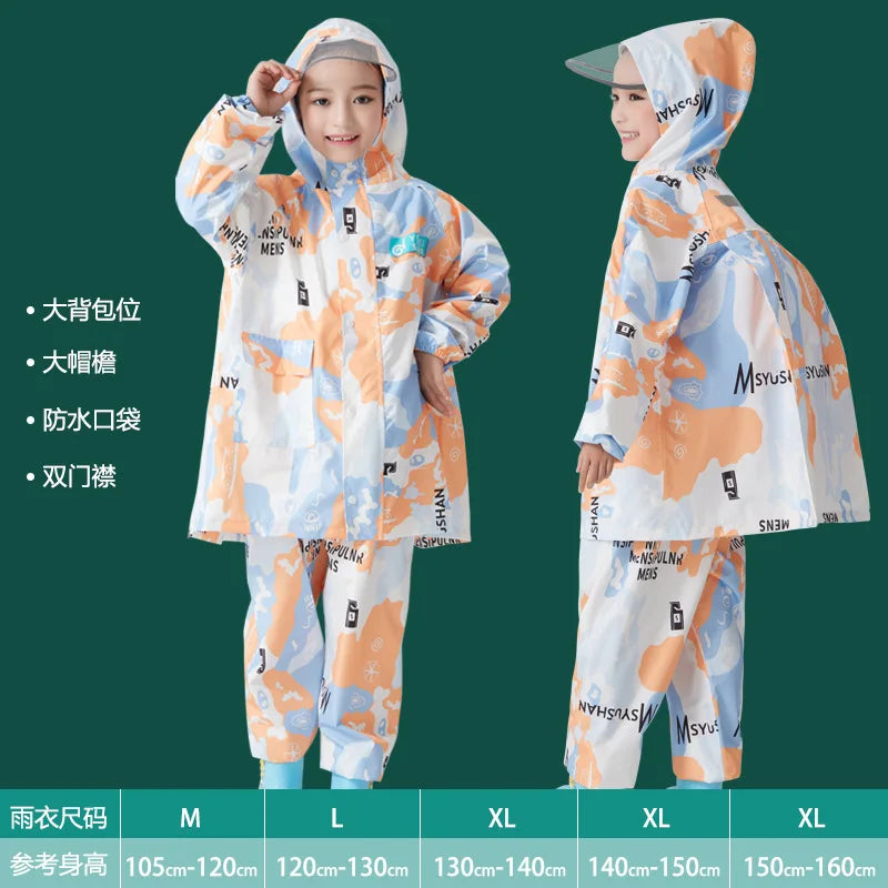 Children's Waterproof Rain Poncho Full Body Polyester Cartoon Style Raincoat Set for Boys Girls Primary School Student Rain Gear