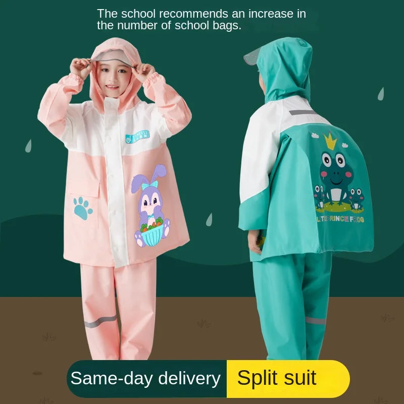 Children's Waterproof Rain Poncho Full Body Polyester Cartoon Style Raincoat Set for Boys Girls Primary School Student Rain Gear