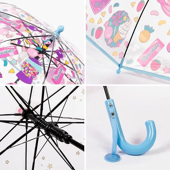 Kids Transparent Dome Bubble Umbrella Comfortable Fabric Sun Shield With Easy Grip Curved Plastic Handle for Toddler Boys Girls