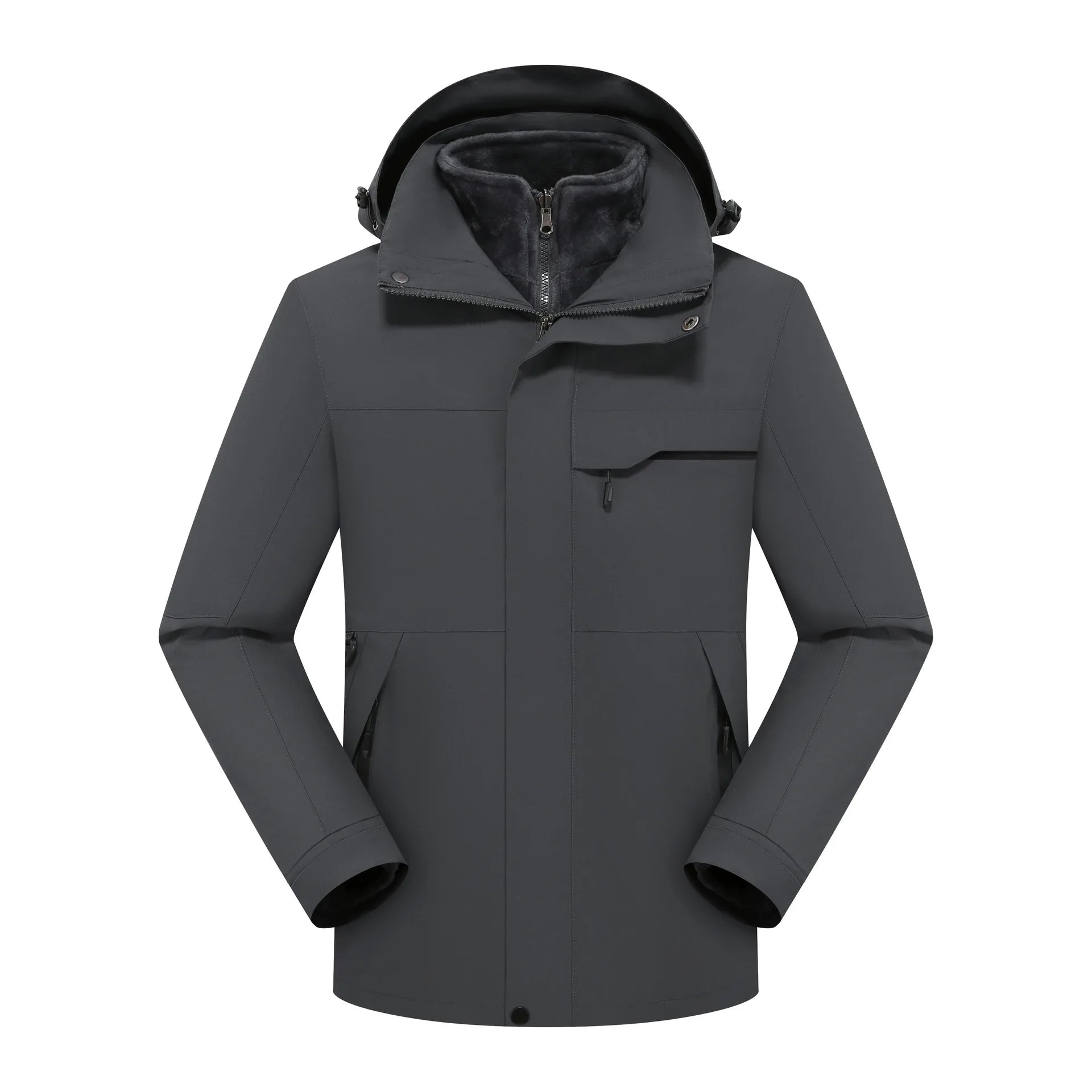 Unisex Winter Fleece Three-in-One Hooded Jacket Removable Zipper Closure Soft Nylon Shell Waterproof for Technology