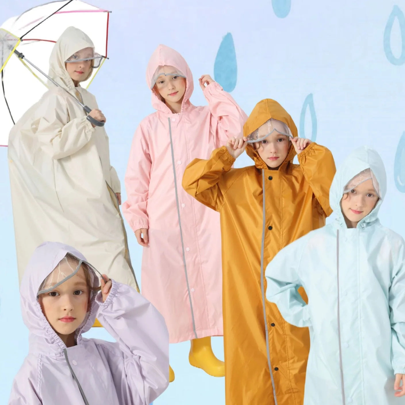 Waterproof Boys Girls Kindergarten Primary School Children's  Raincoat with School Bag Support Space with Safety Reflective Tape