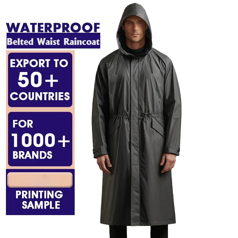 Custom Logo Women Men Reusable Hooded Raincoat Waterproof Polyester Taffeta Rain Cape Outdoor Rain Poncho Trench Coat Raincoats