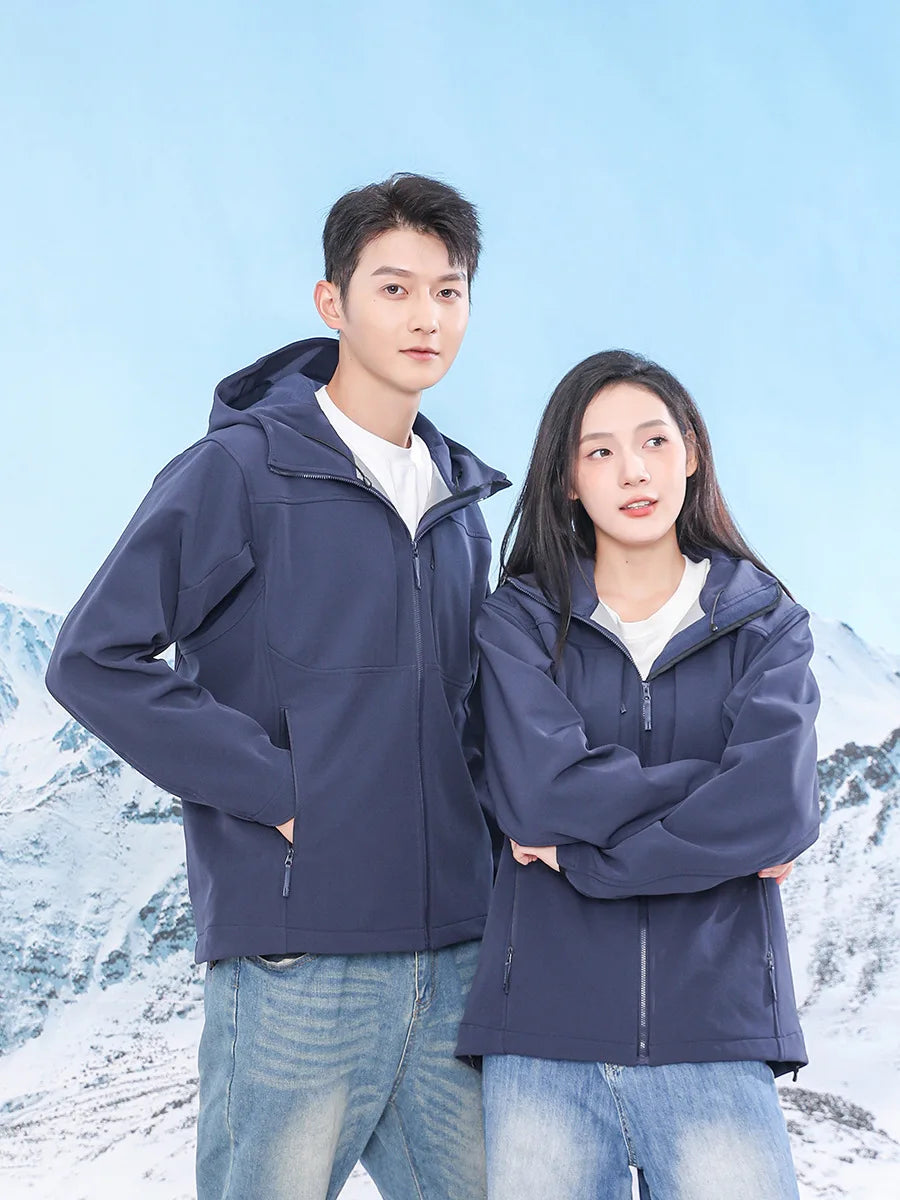 Men's Women's Waterproof Softshell Outdoor Jackets Fleece Lining Stand Collar Zipper Closure Winter Windbreaker XL