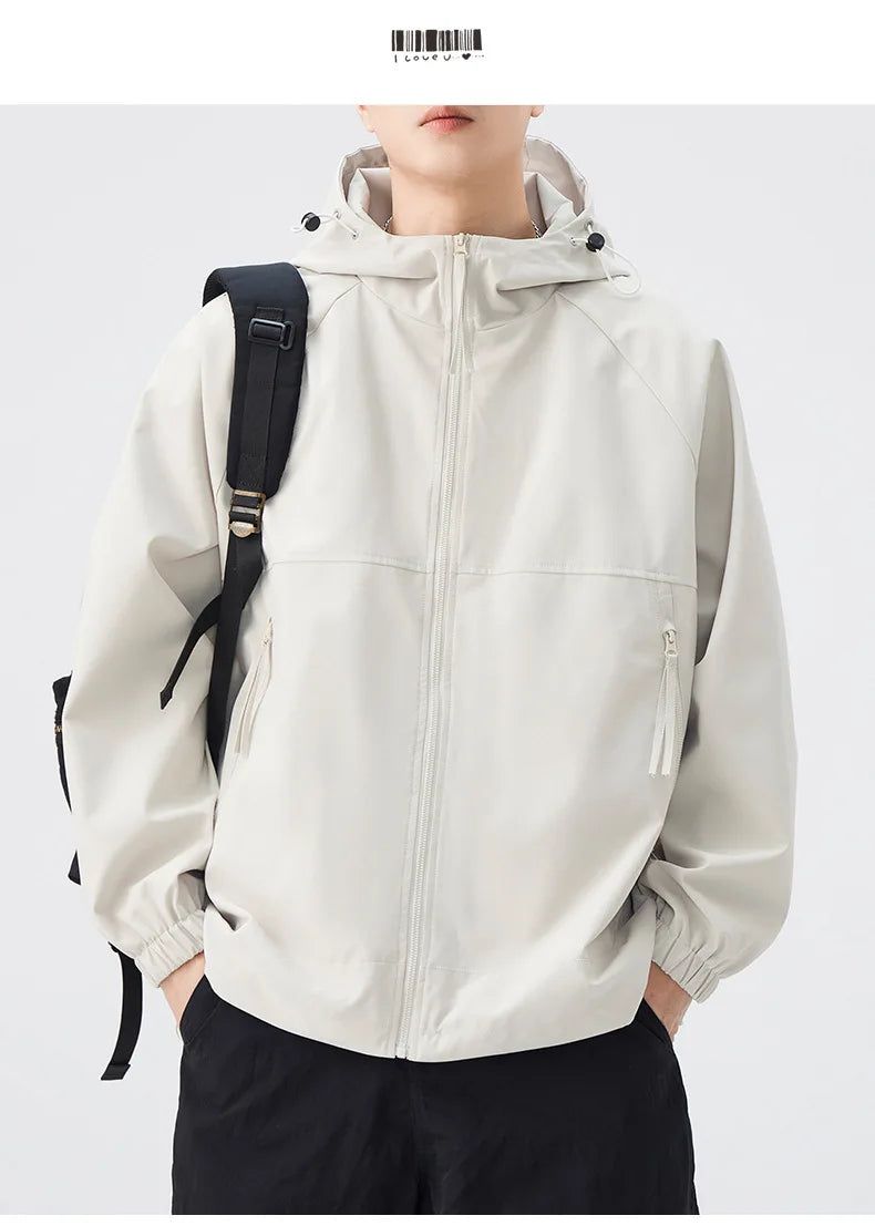 Lightweight Men's Rain Jacket for Autumn Spring Windproof 3D Embroidery Logo Zipper Prints Stand Breathable Coated for Outdoor