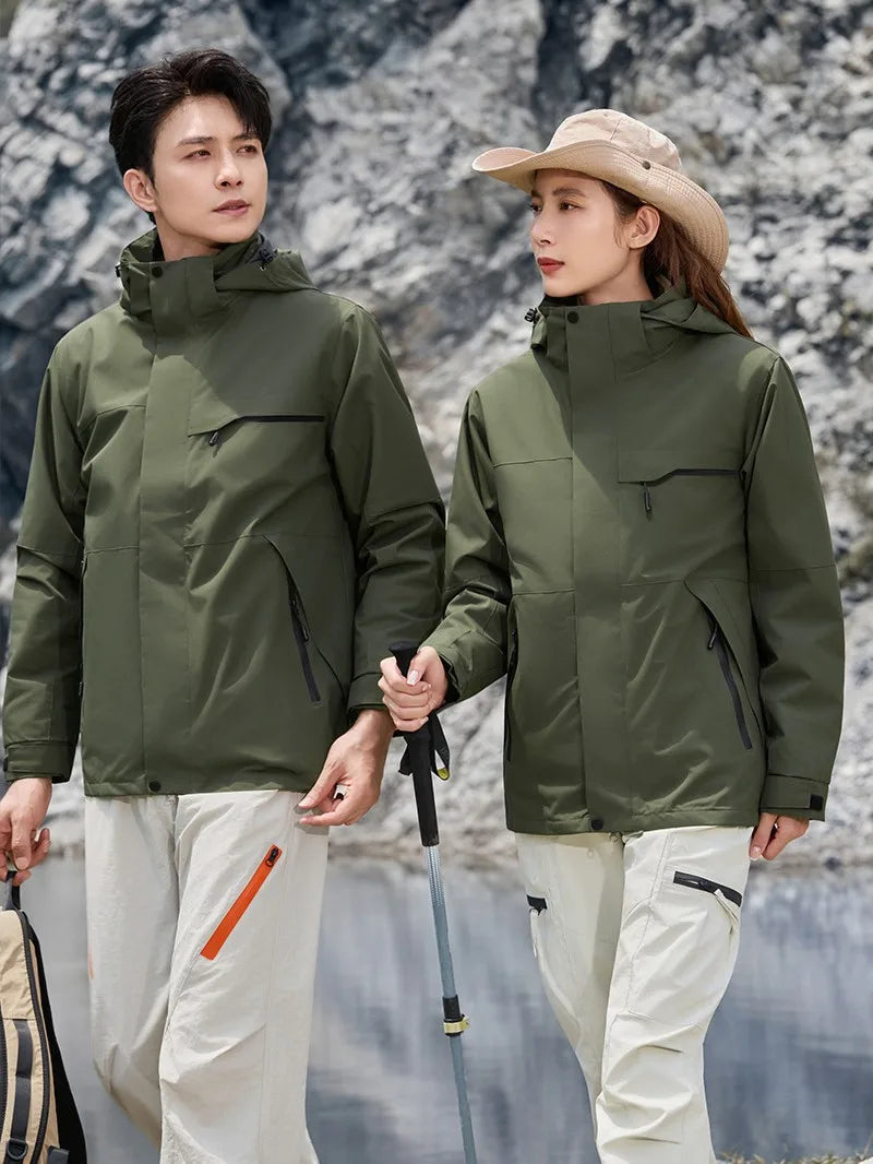 Unisex Winter Fleece Three-in-One Hooded Jacket Removable Zipper Closure Soft Nylon Shell Waterproof for Technology