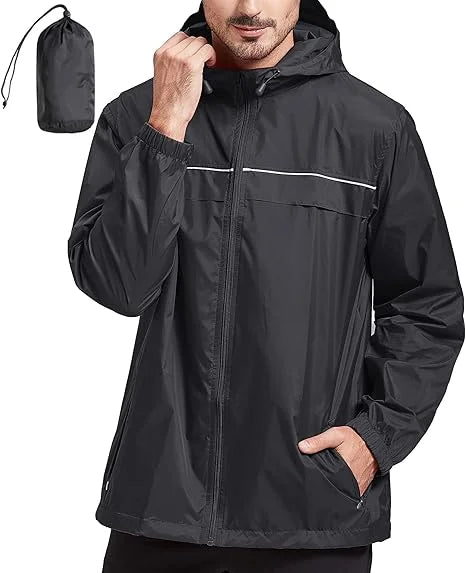 Men's Outdoor Rain Jacket Waterproof Windbreaker with Stand Collar and Zipper Closure Daily Casual Pullover with Double Layer