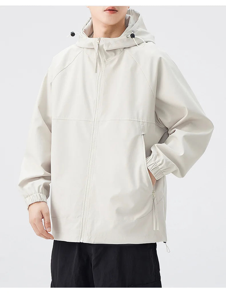 Lightweight Men's Rain Jacket for Autumn Spring Windproof 3D Embroidery Logo Zipper Prints Stand Breathable Coated for Outdoor