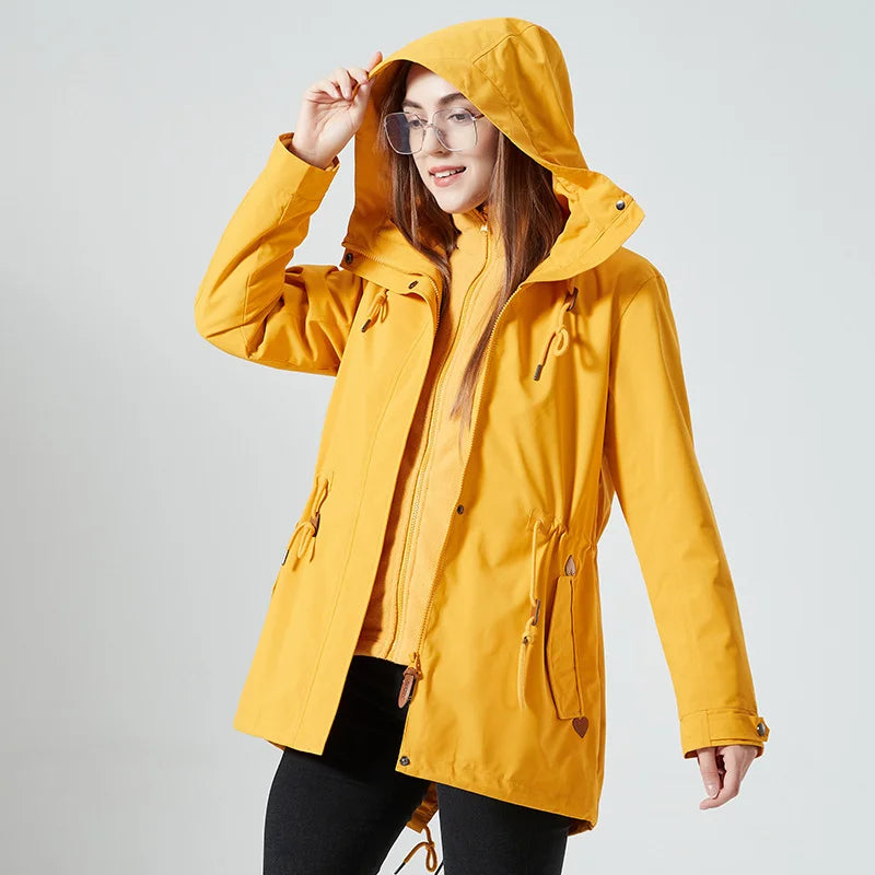 Women's Waterproof Windbreaker Jacket Mid-Length Stand Collar Rain Jacket Removable Inner Raincoat for Outdoor Fall Winter Wear