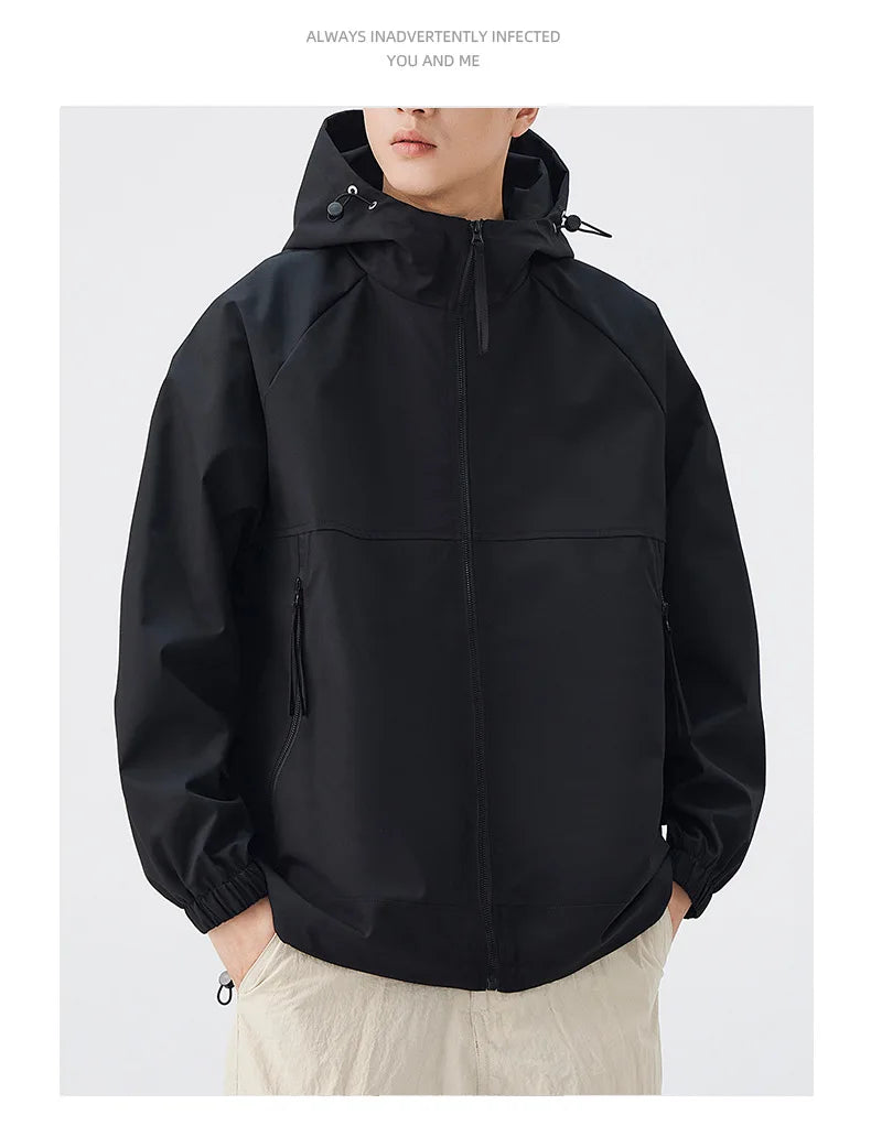 Men's Lightweight Coated Rain Jacket for Autumn Spring Windproof 3D Embroidery Logo Zipper Prints Breathable for Outdoor