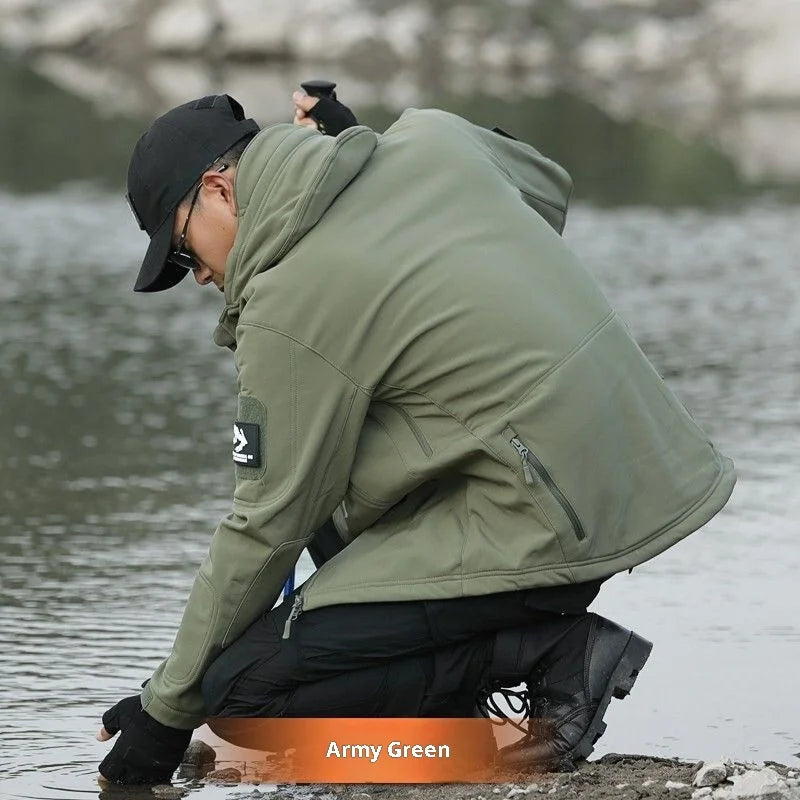 Autumn Winter Soft Shell Outdoor Clothes Men's Casual Stand Collar Jacket Windproof Waterproof Reversible Hooded Zipper Front