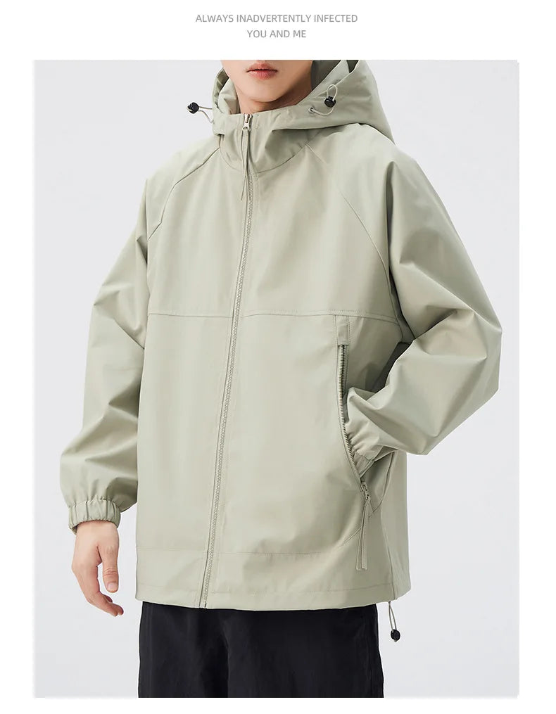 Lightweight Men's Rain Jacket for Autumn Spring Windproof 3D Embroidery Logo Zipper Prints Stand Breathable for Outdoor Use