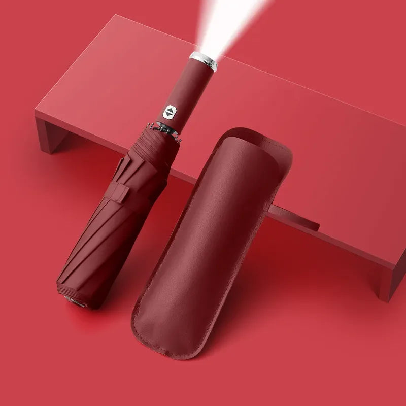 Classic Three-folding LED Umbrella Handle Flashlight Coating Fully-automatic Plastic With Automatic Open Close Anti-uv Black 500
