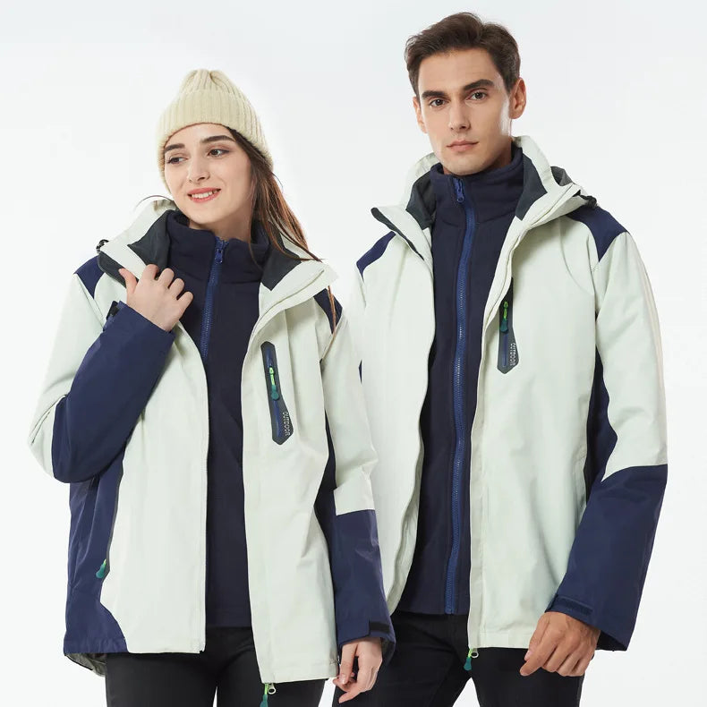 Outdoor Winter Jacket Men Women Three-In-One Detachable Two-Piece Set Windproof Waterproof Stand Collar Zipper Closure Couple's