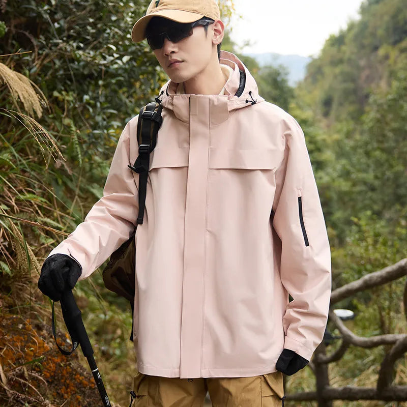 New Men's Women's Top Stand Outdoor Hard Shell Anti-Rainstorm Anti-Splashing Mountaineering Suit for Autumn Solid Zipper