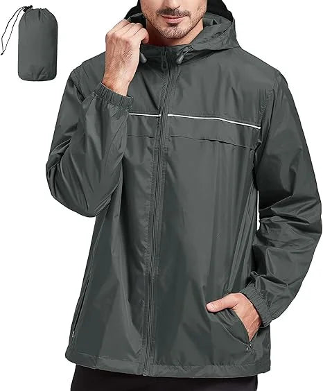 Men's Outdoor Rain Jacket Waterproof Windbreaker with Stand Collar and Zipper Closure Daily Casual Pullover with Double Layer