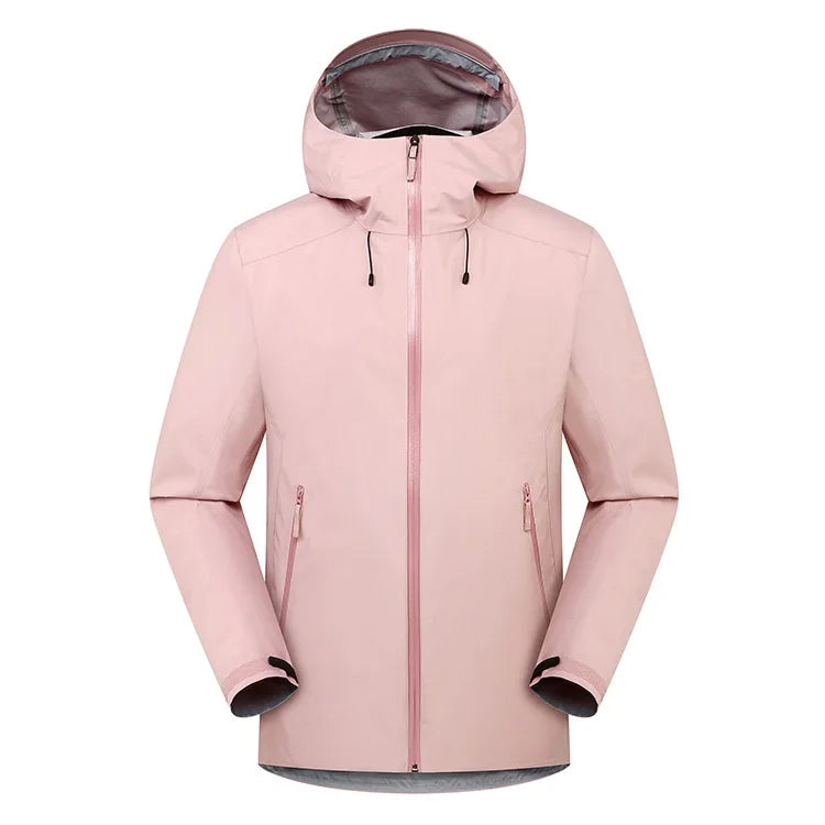 Unisex Outdoor Single Layer Light Color Rain Jacket Waterproof Hard Shell Windbreaker Jacket Zipper Hooded Raincoat for Hiking