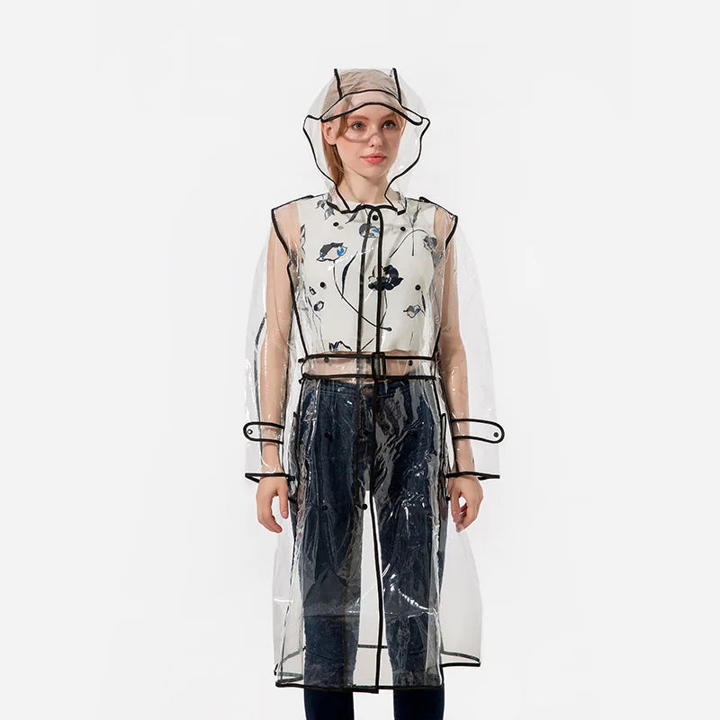 EVA Transparent Waterproof Raincoat With Belt Fashionable Outdoor Personality Windbreaker Long Travel Portable Rain Poncho Girls