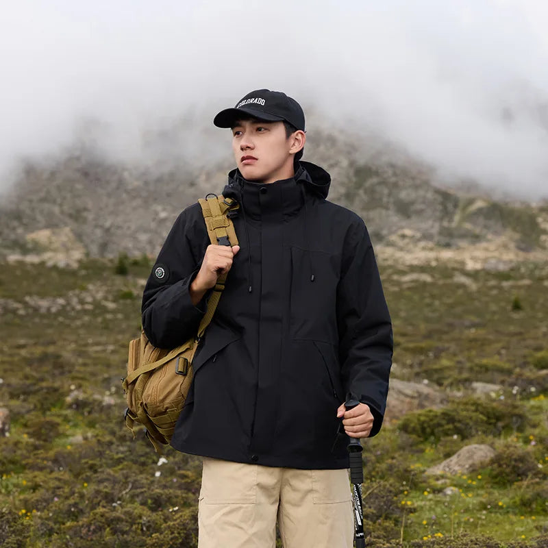 Unisex Blue Soft Shell Assault Coat Stand Collar Zipper Waterproof Winter Outdoor Mountaineering Hooded Windproof Lightweight