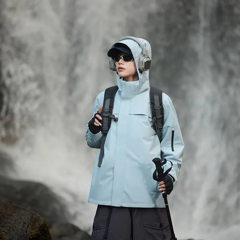 New Men's Women's Top Stand Outdoor Hard Shell Anti-Rainstorm Anti-Splashing Mountaineering Suit for Autumn Solid Zipper