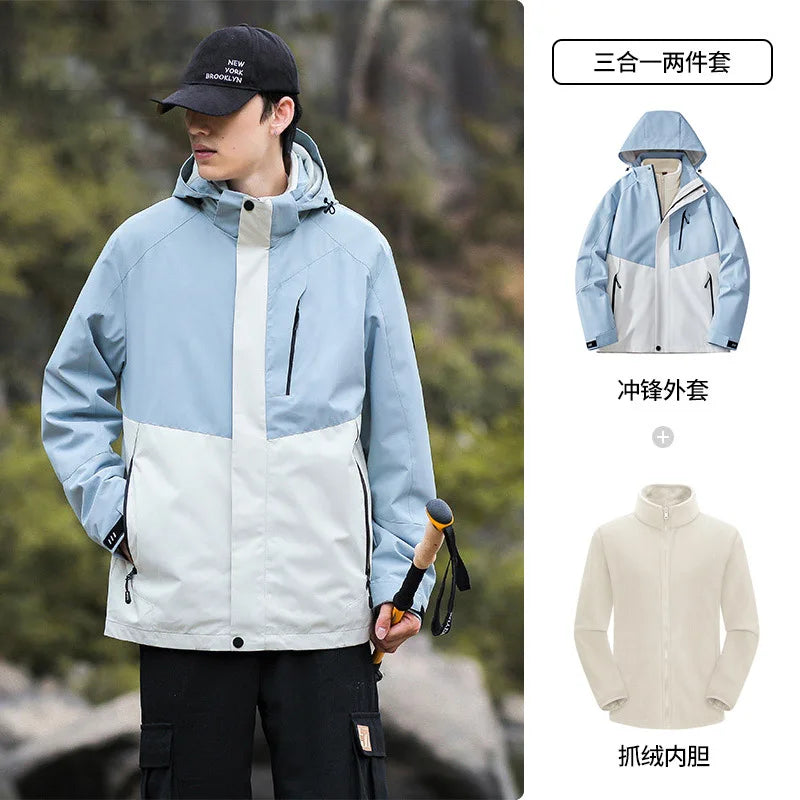 2025 Outdoor Three-in-One Coat for Men Women Hard Shell Soft Polyester Fill Stand Collar Zipper Closure XL-for Autumn Fitness