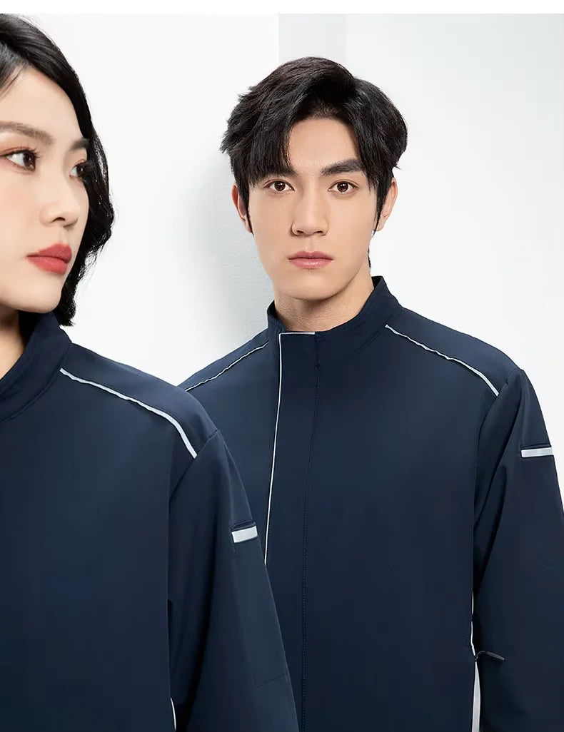 Autumn Winter  High-Grade Fleece-Lined Work Wear Jacket Light Grey Custom Logo Stand Vertical Collar Waterproof Reflective