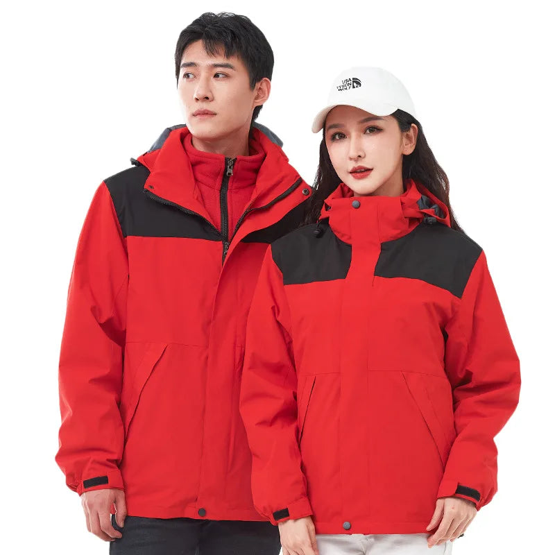 Winter Outdoor Waterproof Detachable Two-Piece Jacket for Men Women Stand Zipper Solid Three-in-One Windproof Cold-Proof