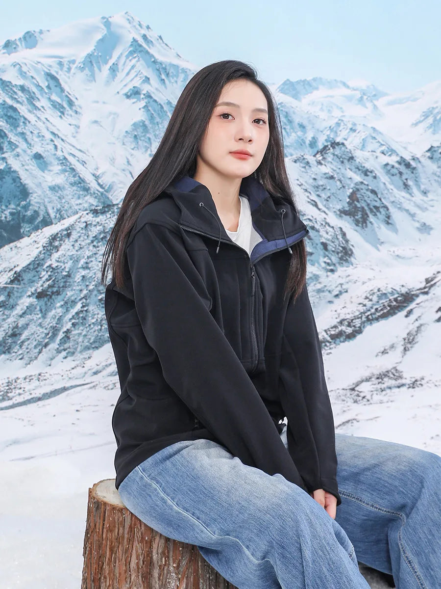 Men's Women's Waterproof Softshell Outdoor Jackets Fleece Lining Stand Collar Zipper Closure Winter Windbreaker XL