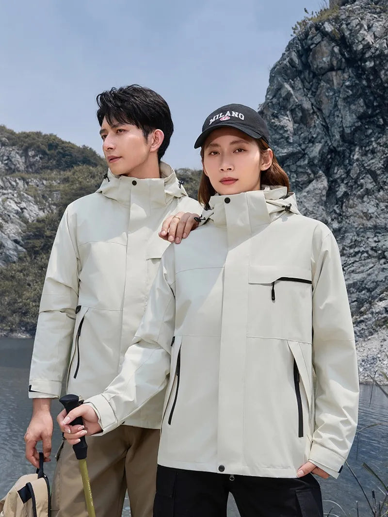 Unisex Winter Fleece Three-in-One Hooded Jacket Removable Zipper Closure Soft Nylon Shell Waterproof for Technology