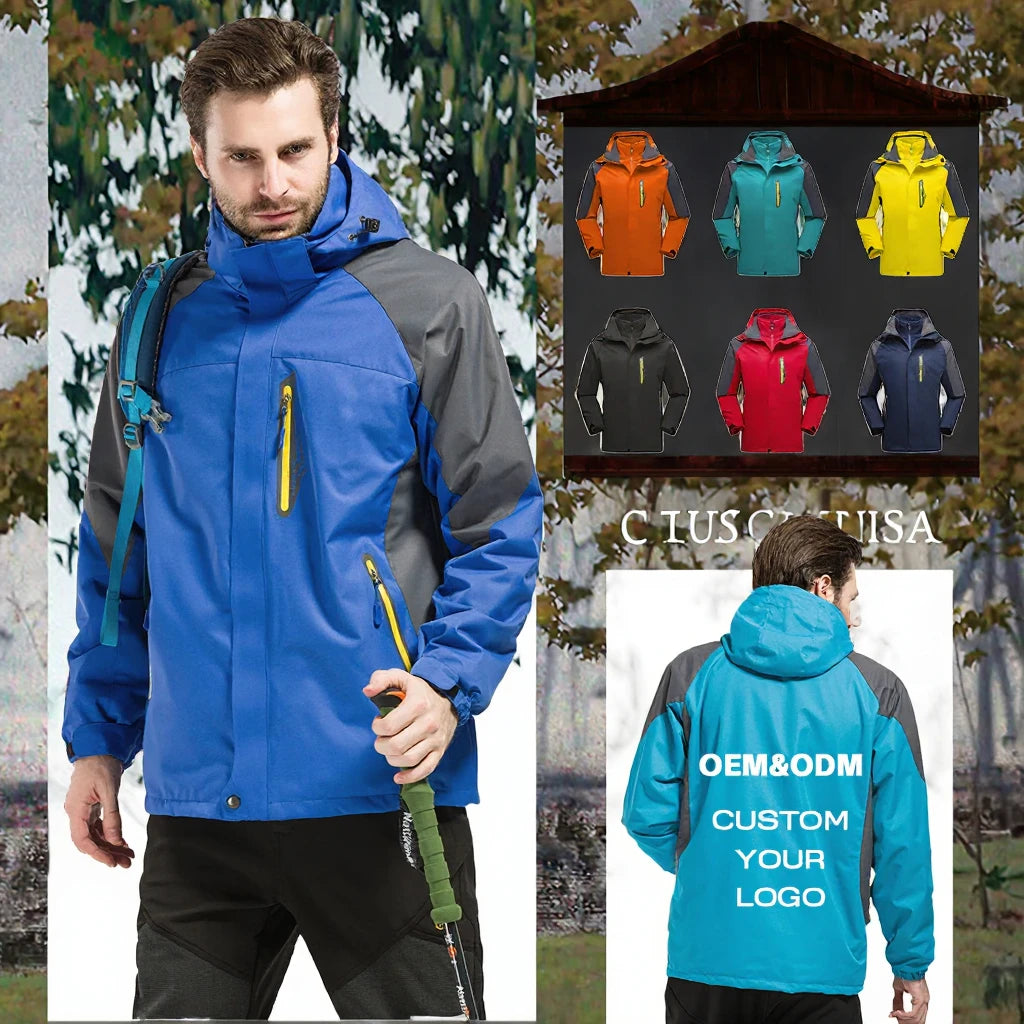 Men's Soft Shell Waterproof Tactical Jacket for Outdoor Blue Hooded Windbreaker Stand Collar Zipper for Winter Hiking Camping