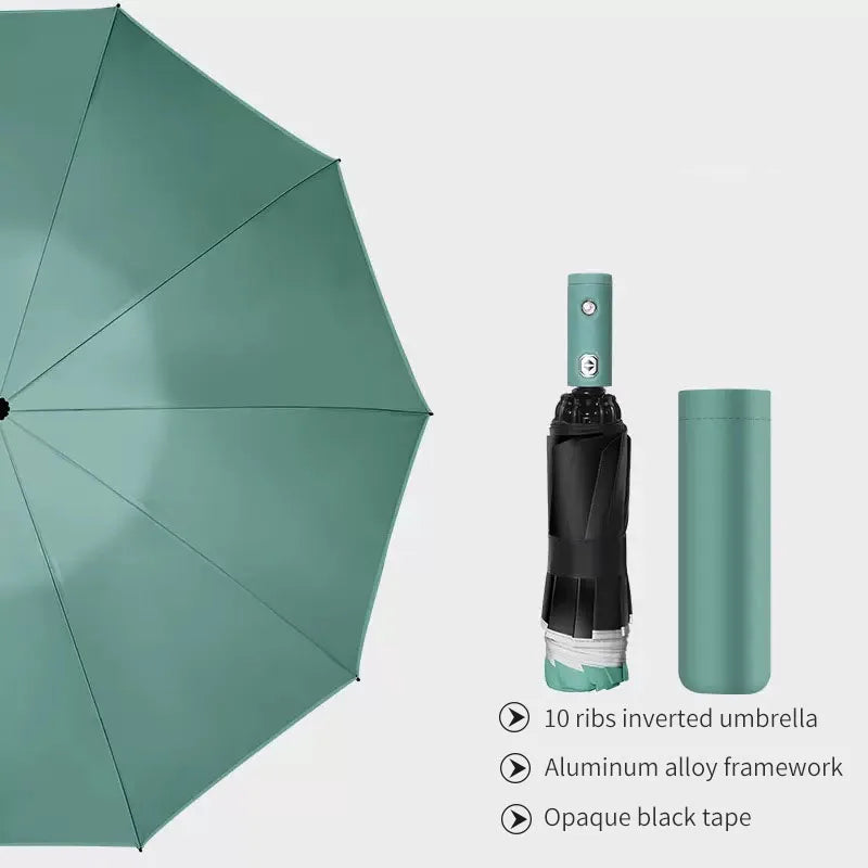 High Quality Men's Automatic Reverse LED Luminous 3-Fold Business Umbrella Waterproof Fabric With Plastic Handle for Rain Cars