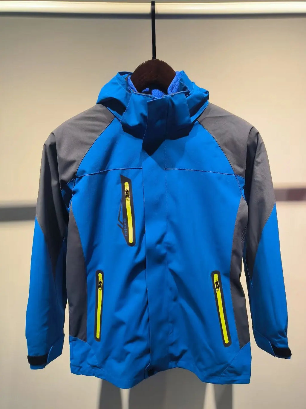 Men's Soft Shell Waterproof Tactical Jacket for Outdoor Blue Hooded Windbreaker Stand Collar Zipper for Winter Hiking Camping