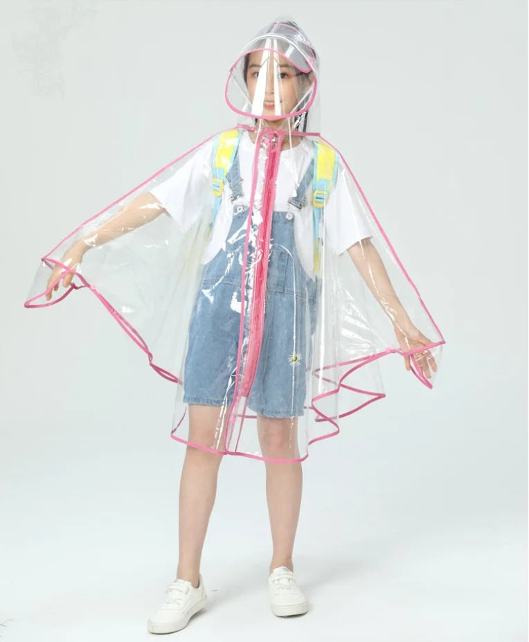 High Quality EVA Transparent Kids Raincoat Waterproof School Baby Cape With Zipper Back to School Travel Gear-Size XL