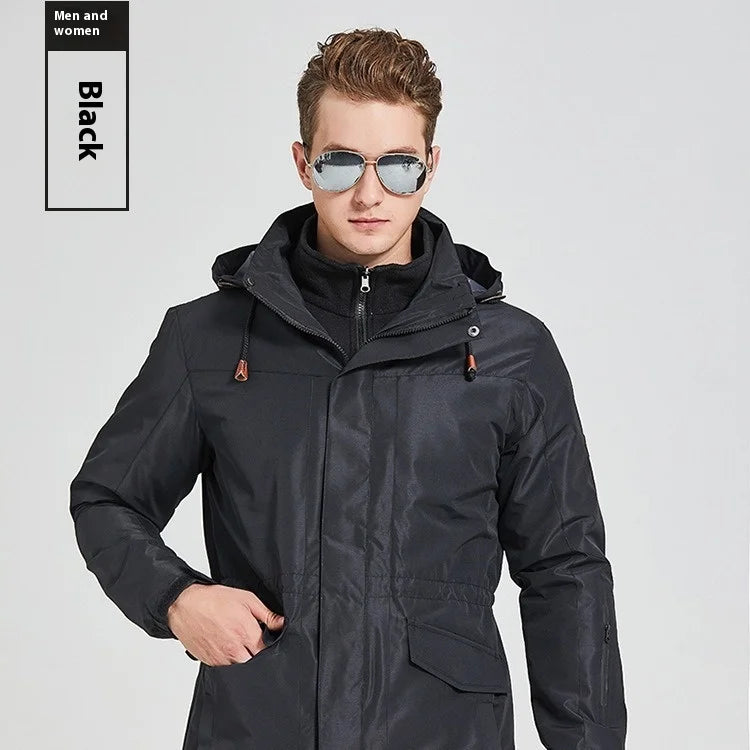 Men's Women's Long Three-in-One Detachable Winter Coat Stand Zipper Waterproof Breathable Logo Embroidery Outdoor Assault