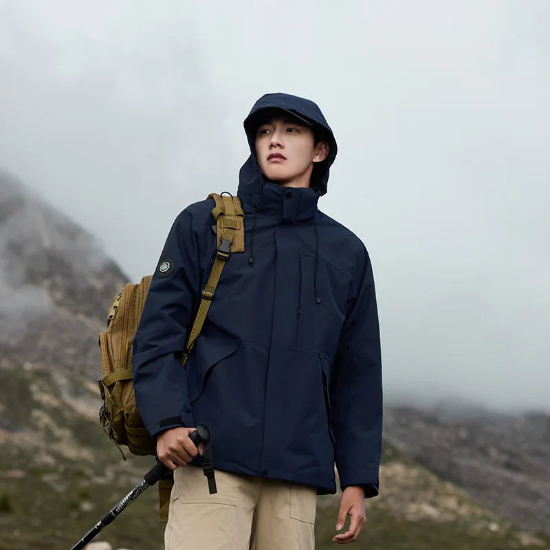 Unisex Blue Soft Shell Assault Coat Stand Collar Zipper Waterproof Winter Outdoor Mountaineering Hooded Windproof Lightweight