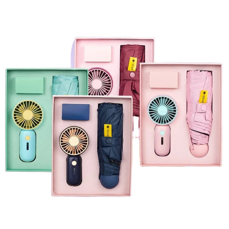 Electric Fan & Mini Pocketable 5-Folds Umbrella Contemporary Design UV Protected Fabric Paraguas Summer Gift Set Corporate Use
