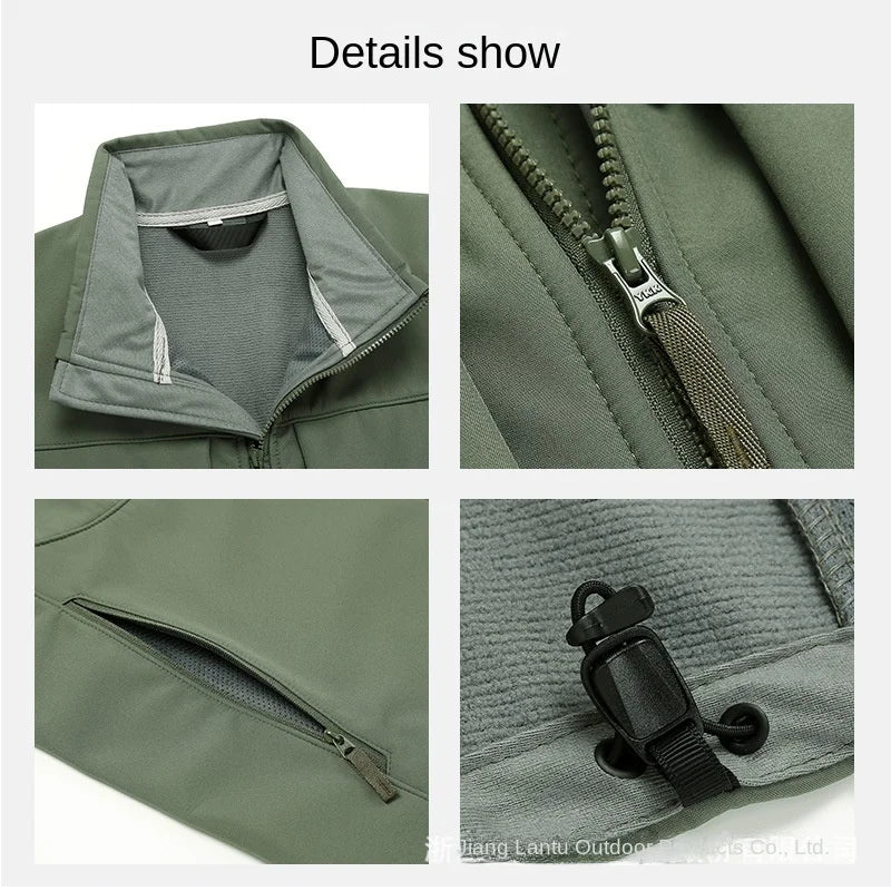 Autumn Winter Men's Soft Shell Jacket New Outdoor Fleece-Lined Thickened Vertical Collar Composite Fabric Cross-Border