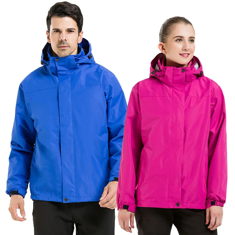 Men's Women's Solid Color Outdoor Jacket Detachable Two-Piece Three-in-One Ski Suit Stand Windproof Fleece-Lined Thickened