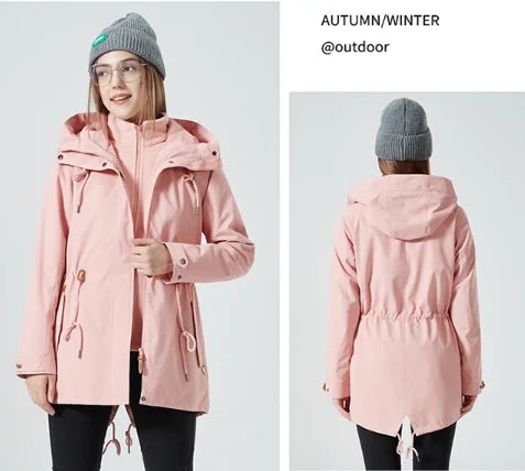 Women's Waterproof Windbreaker Jacket Mid-Length Stand Collar Rain Jacket Removable Inner Raincoat for Outdoor Fall Winter Wear
