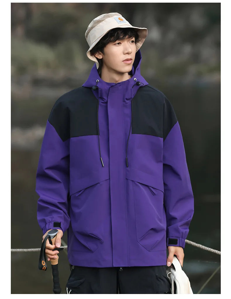 Couple Outdoor Hiking Jacket With Windproof Waterproof Cap Spring Rain Suit With Hooded Jacket Made Polyester Motorcycle Use